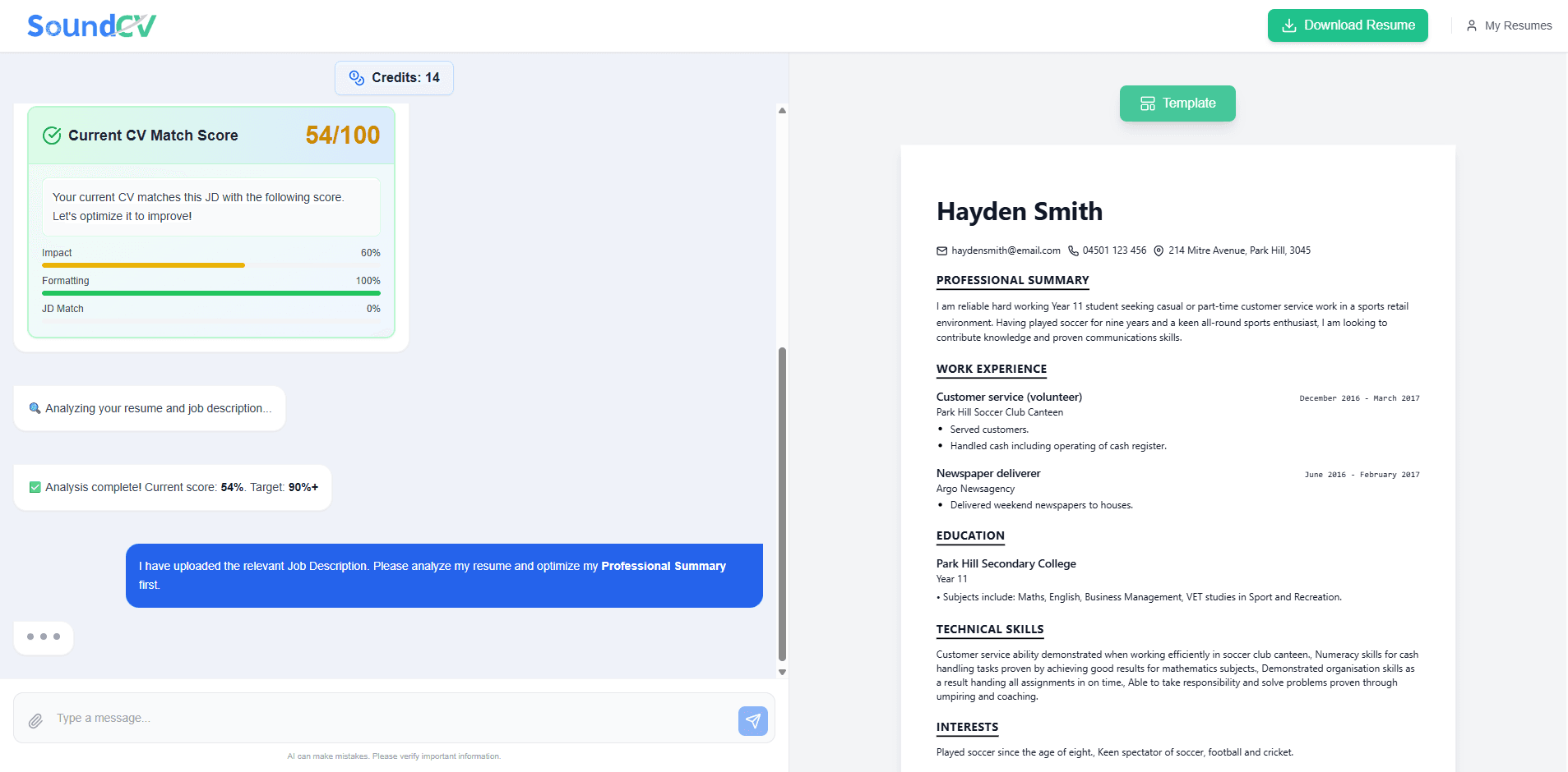 SoundCV AI builder job description matching