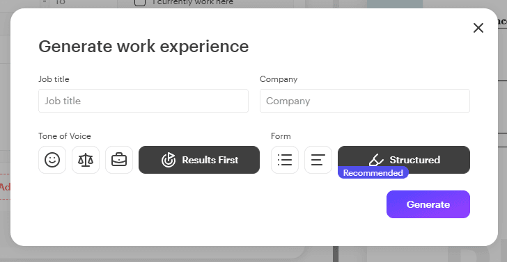 Kickresume AI writer resume content suggestions