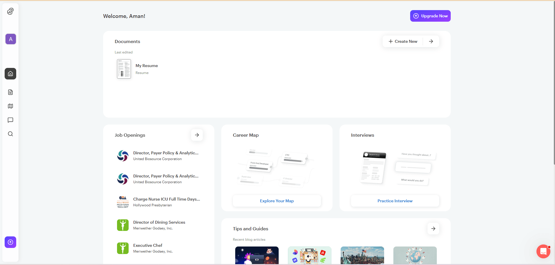 Kickresume dashboard after login