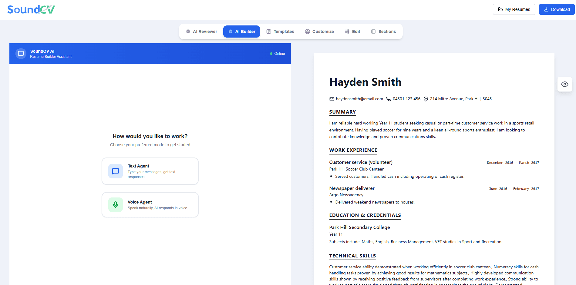 SoundCV AI resume builder overview