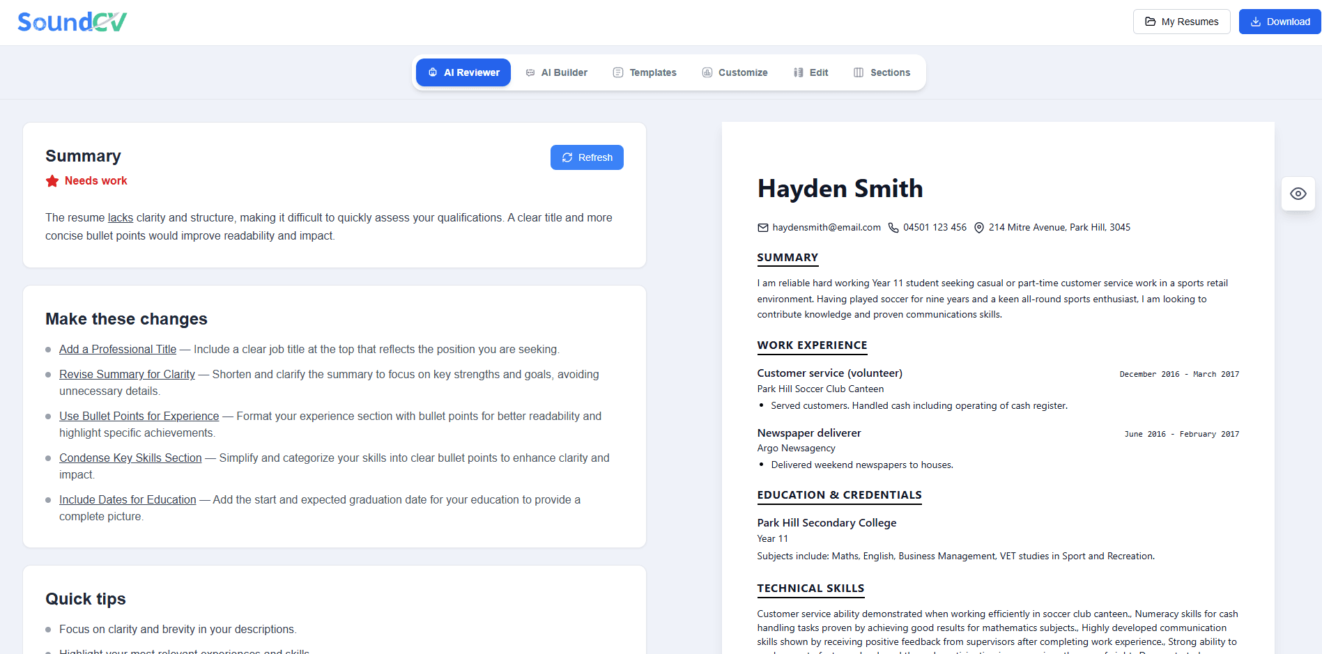 SoundCV AI reviewer resume feedback