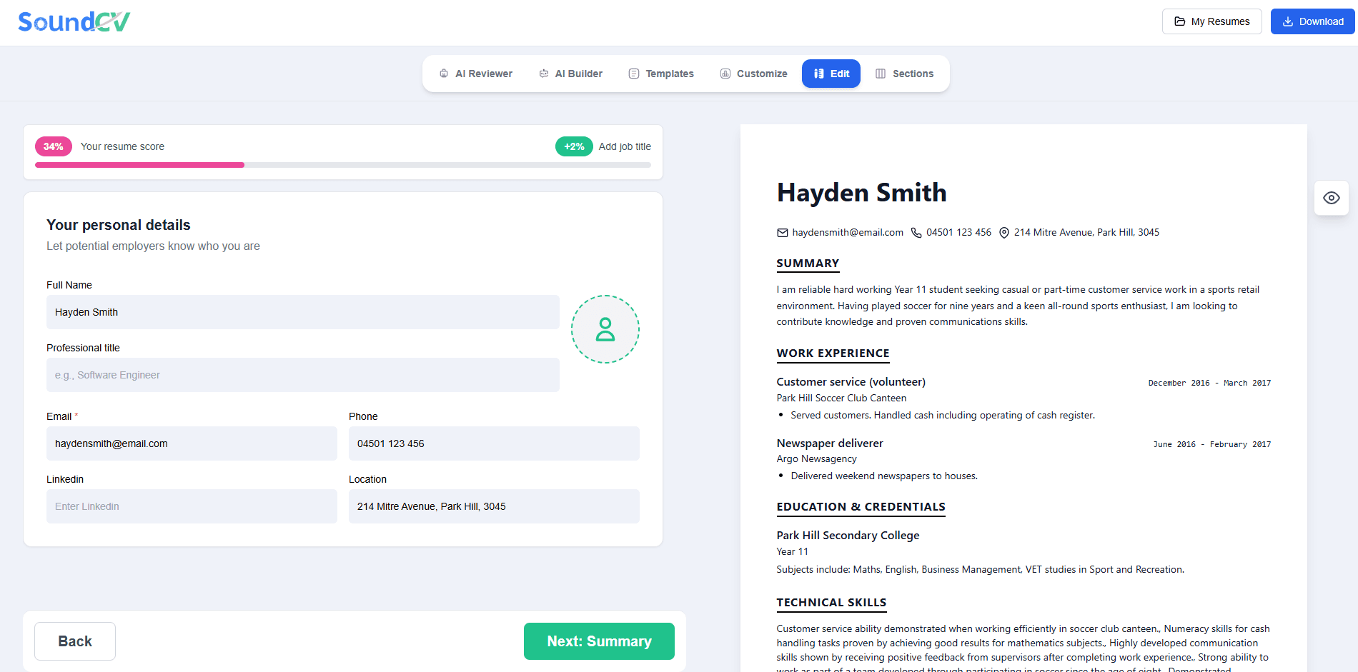 SoundCV resume builder editor interface