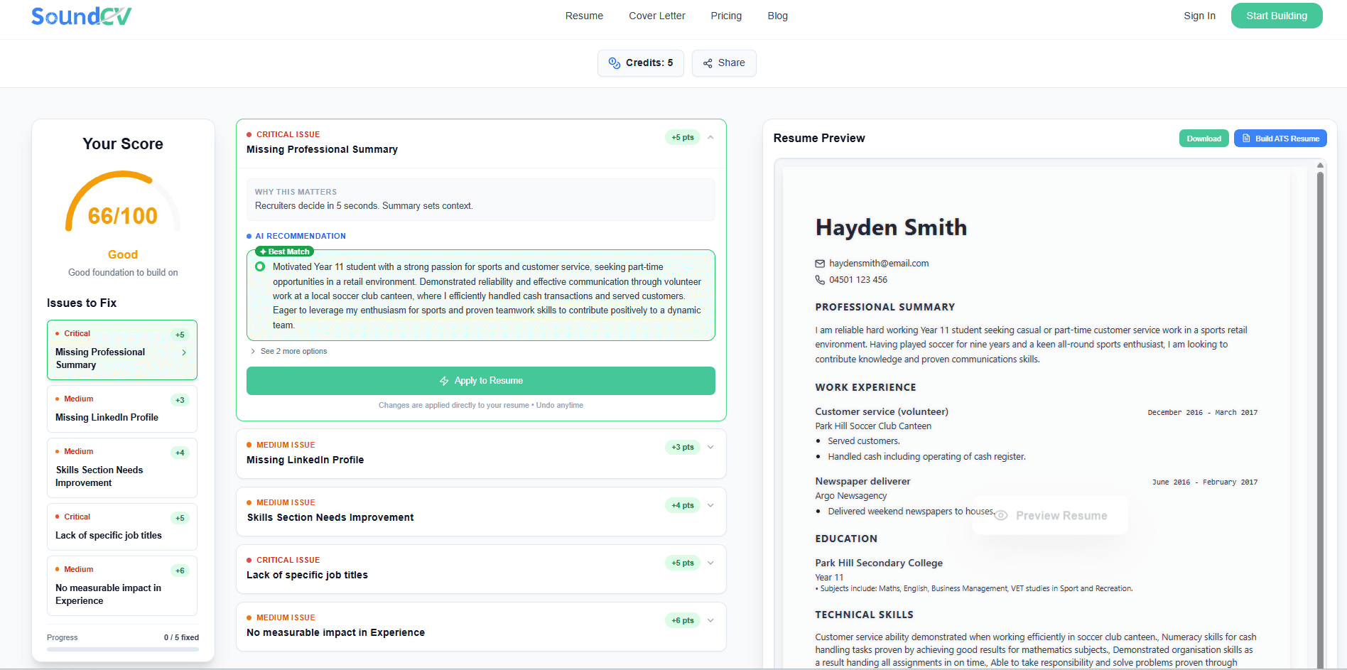SoundCV ATS resume checker score