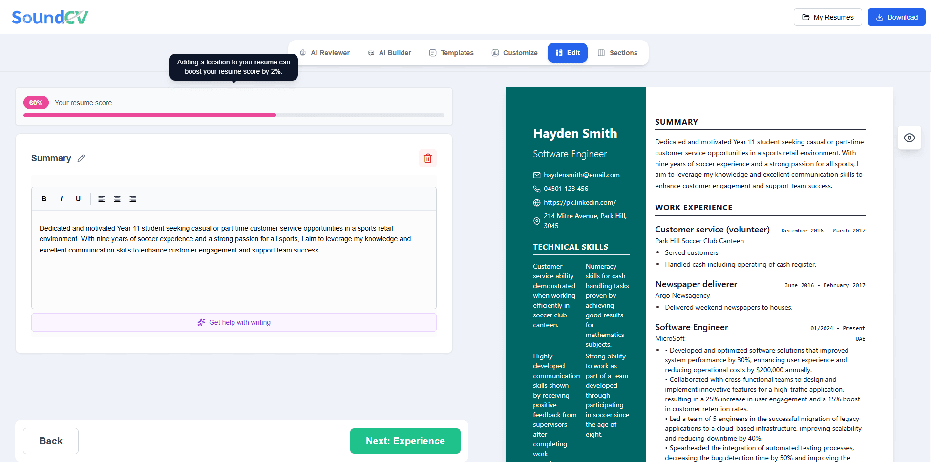 SoundCV live ATS score updates as you build your resume