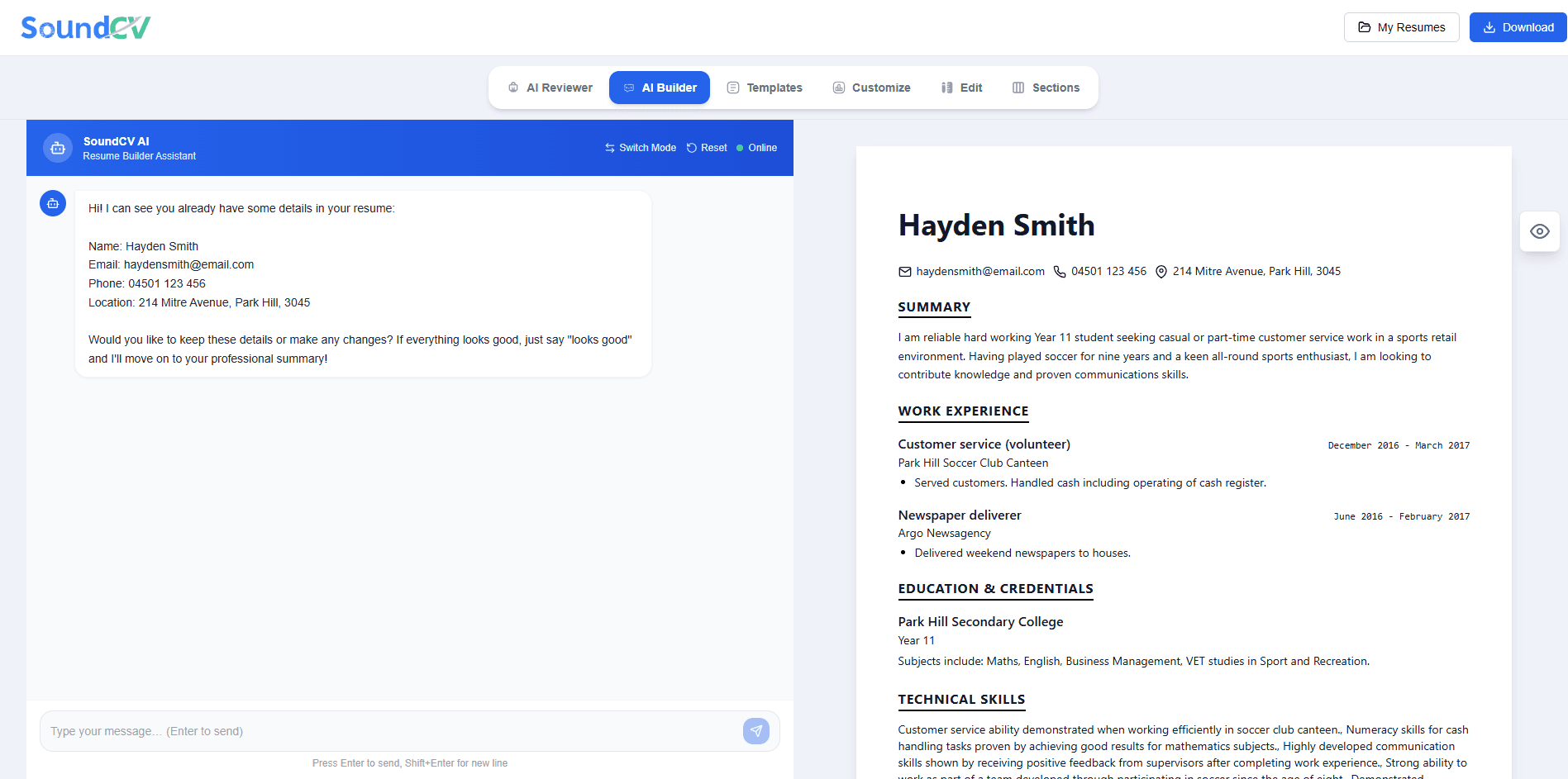 SoundCV text agent AI resume builder chat interface