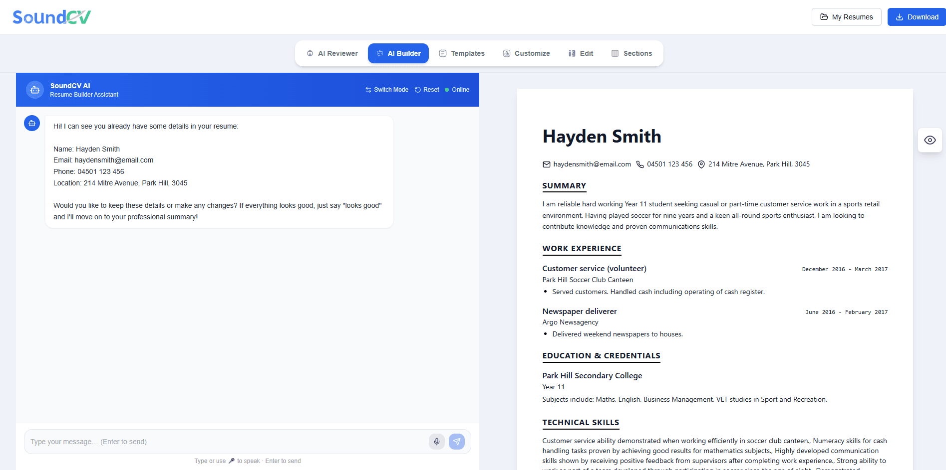 SoundCV voice agent build resume by speaking