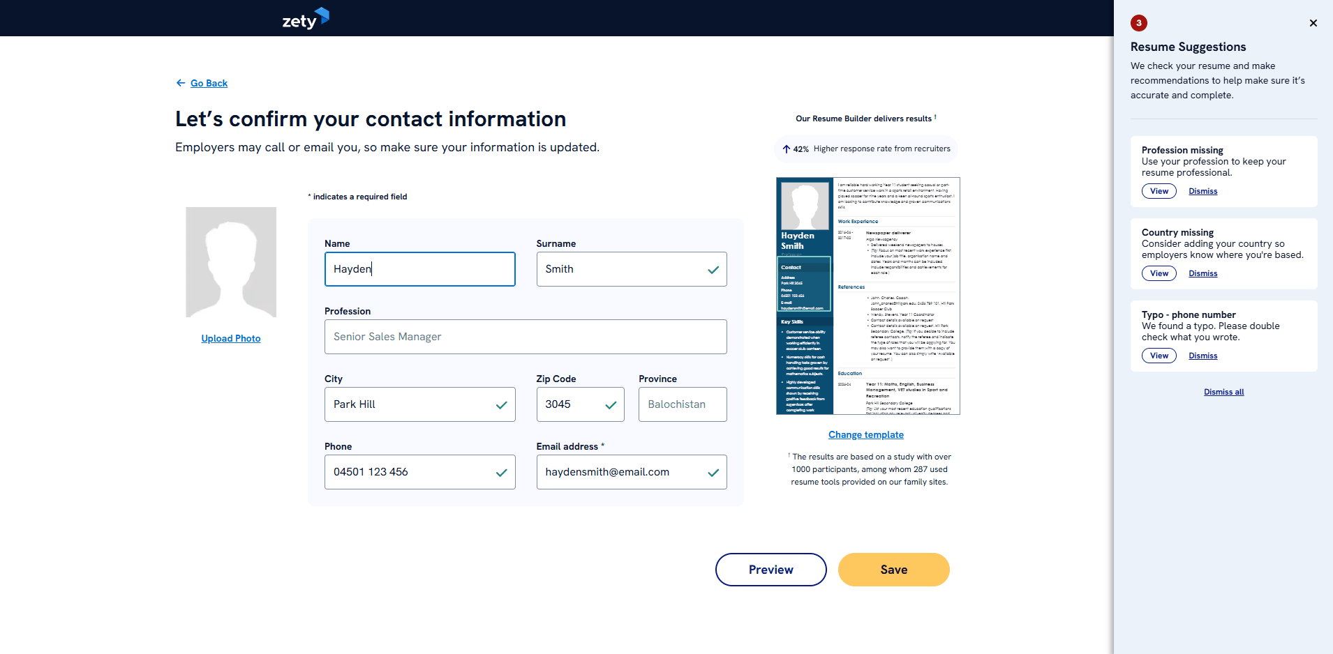 Zety ATS checker score result