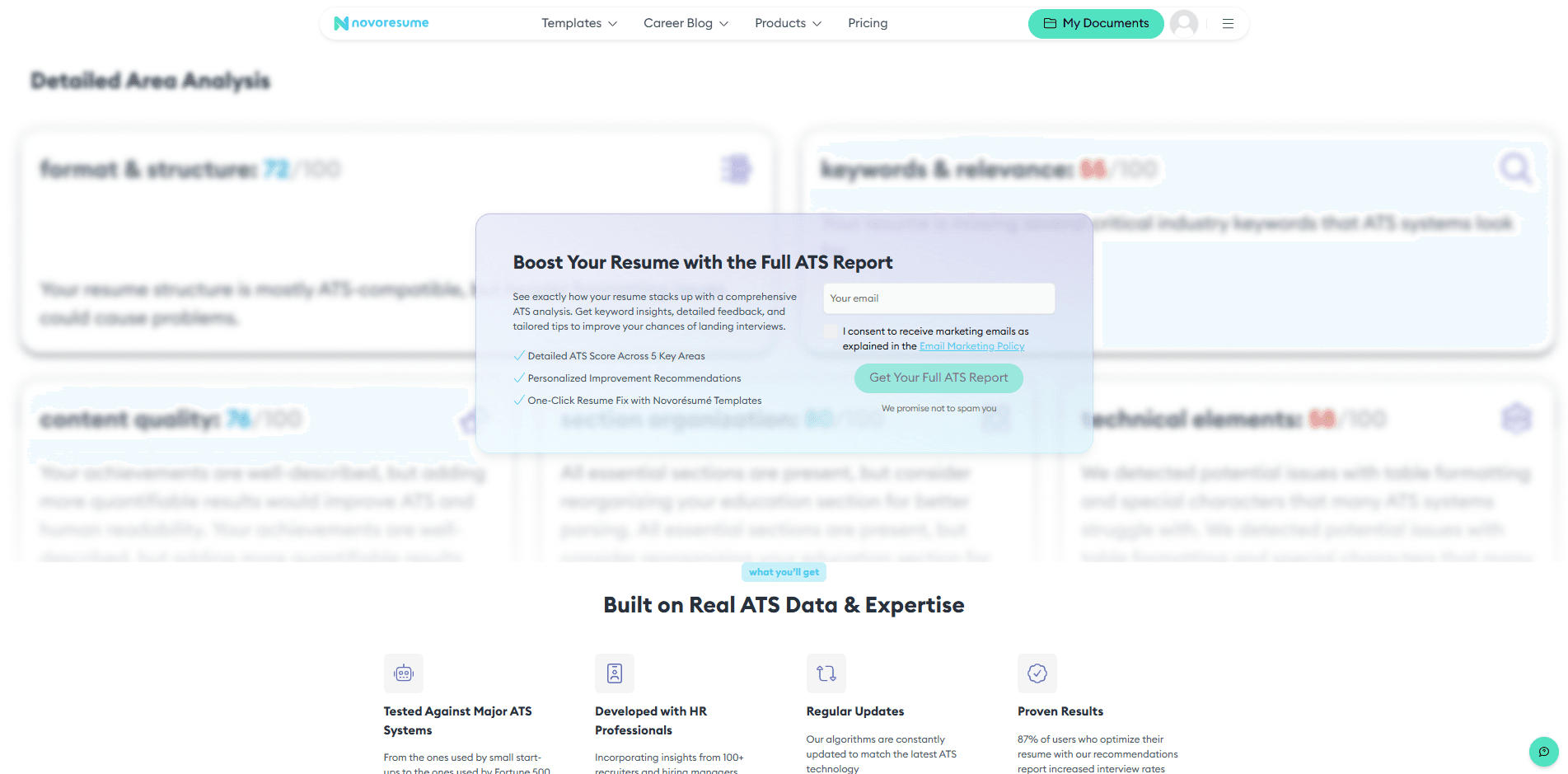 Novoresume ATS checker detailed feedback