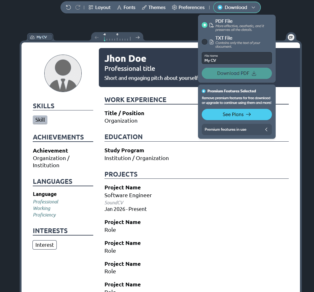 Novoresume download PDF only no Word