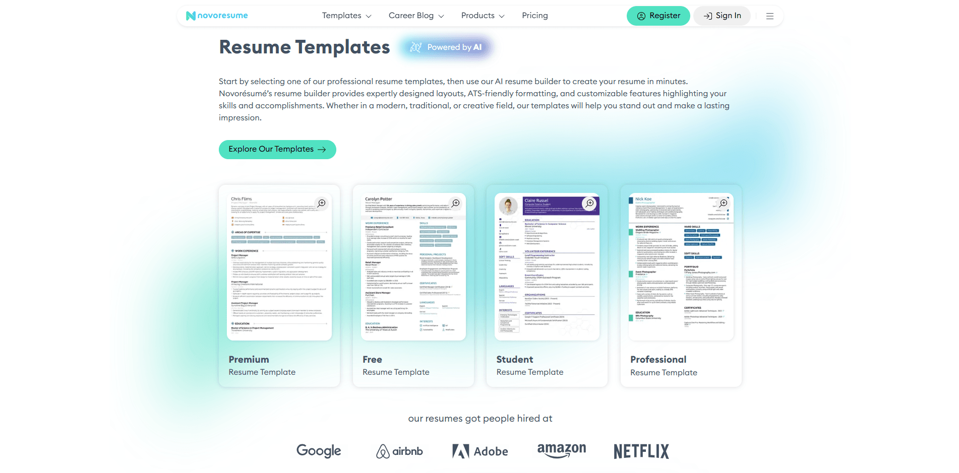 Novoresume template gallery visual designs
