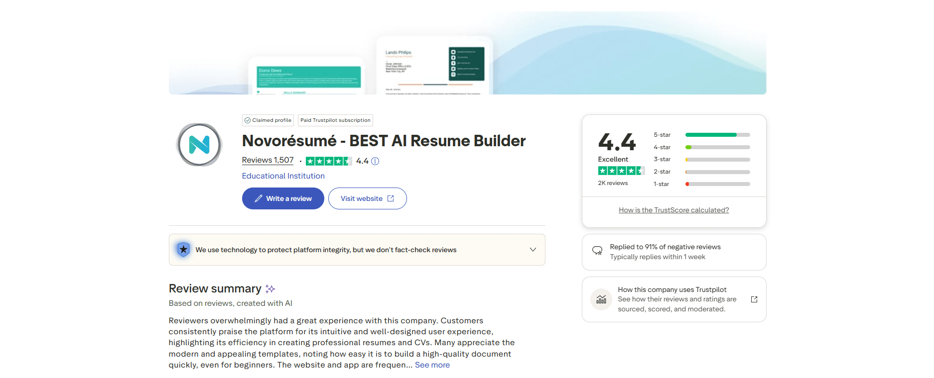 Novoresume Trustpilot reviews 2026