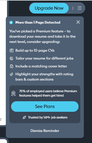 Novoresume more than 1 page detected upgrade popup